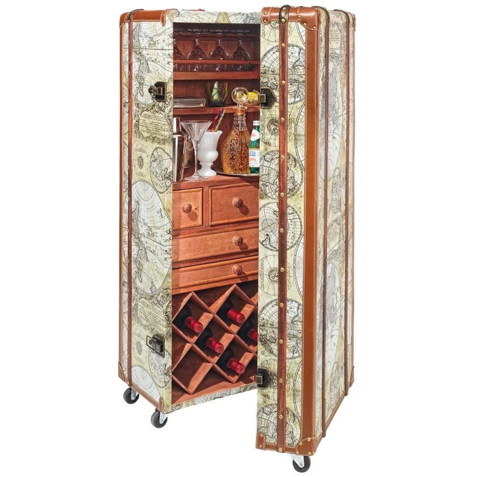 Italian-Style World Map Cocktail Bar Steamer Trunk